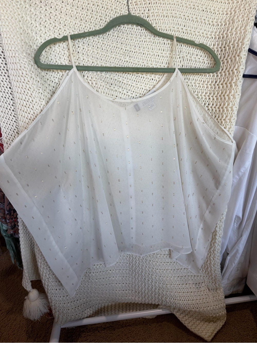 Jennifer Lopez Sheer White Metallic-Dot Blouse
